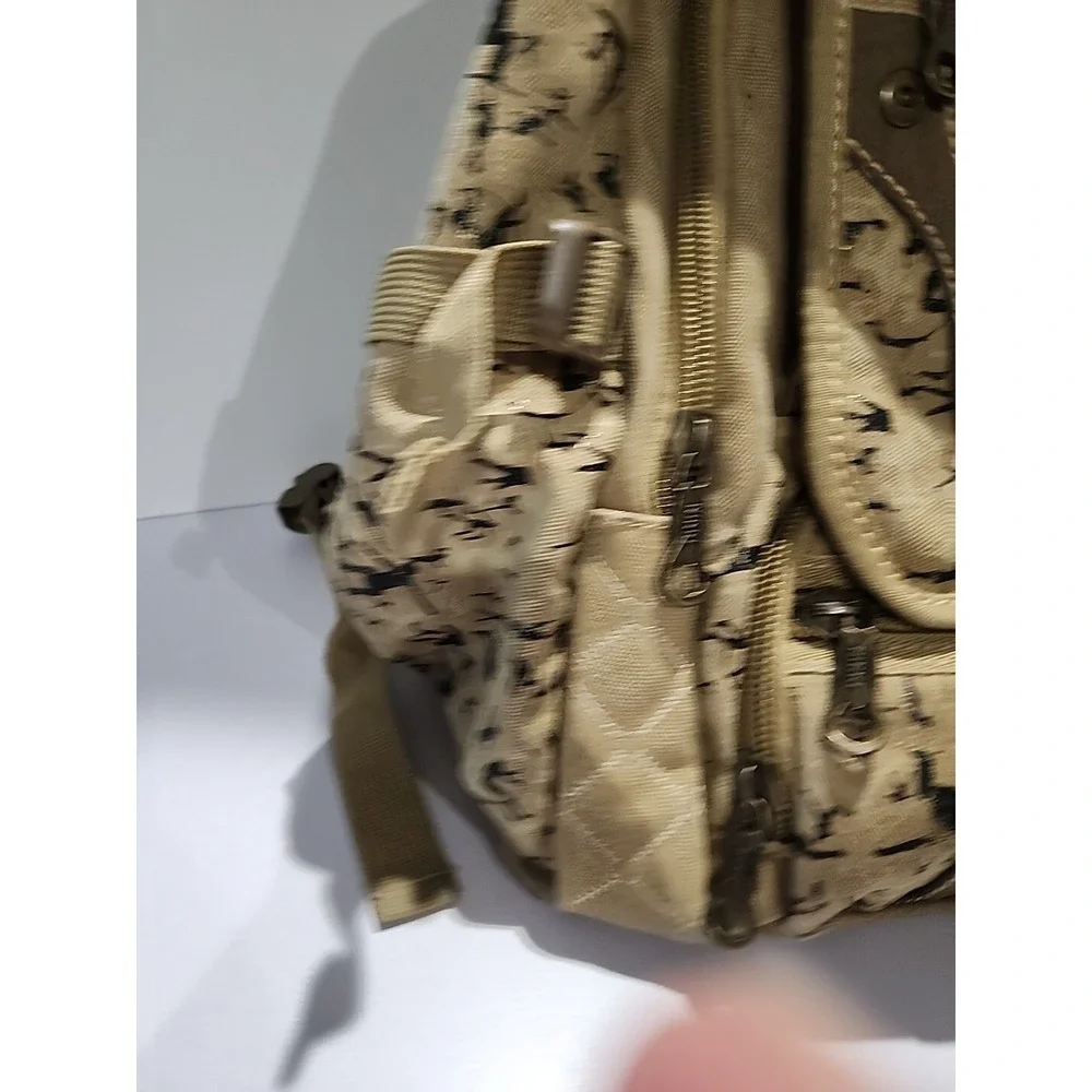 Tan Khaki Canvas Backpack Silhouette Print Multi Pocket Travel Bag